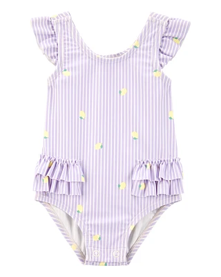 Baby 1-Piece Striped Lemon Ruffle Swimsuit - Purple