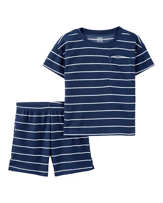 Toddler Striped Loose Fit Waffle Knit 2-Piece Pyjamas - Navy