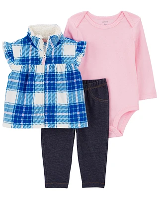 3-Piece Plaid Little Vest Set