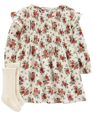 2-Piece Floral Dress & Sock Set