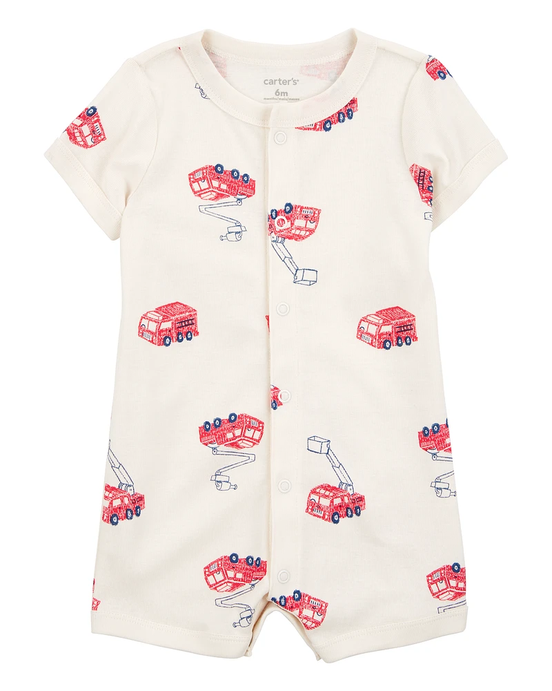Baby Fire Truck Short-Sleeve Romper - Cream