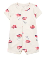 Baby Fire Truck Short-Sleeve Romper - Cream