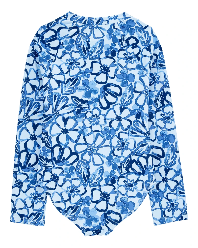 Kid 1- Piece Floral Long-Sleeve Rashguard Swimsuit - Blue
