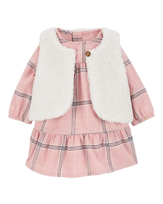 Baby 2-Piece Plaid Dress & Sherpa Vest Set