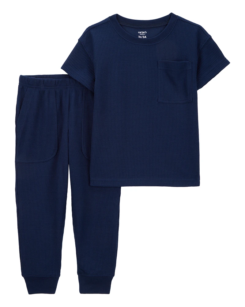 Toddler Boy Solid Loose Fit Waffle Knit 2-Piece Pyjamas - Navy