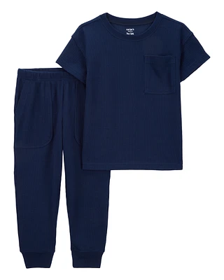 Toddler Boy Solid Loose Fit Waffle Knit 2-Piece Pyjamas - Navy