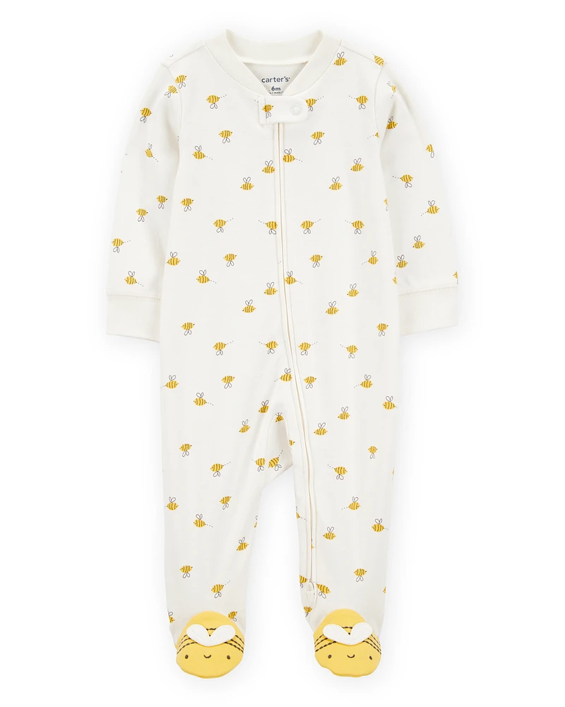 Baby Bee Print 2-Way Zip Cotton Sleeper Pyjamas - Cream