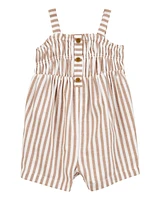 Baby Striped Twill Romper- Brown