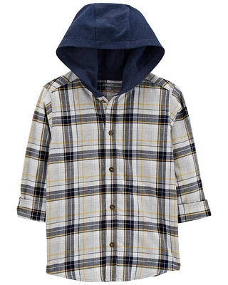 Kid Plaid Hooded Button-Down Shirt