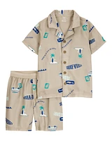 Kid Tropical Print Loose Fit 2-Piece Pyjamas - Khaki