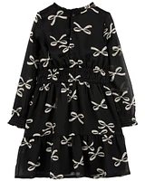 Kid Bow Print Chiffon Holiday Dress