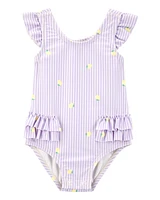 Baby Girl 1-Piece Striped Lemon Ruffle Swimsuit - Purple