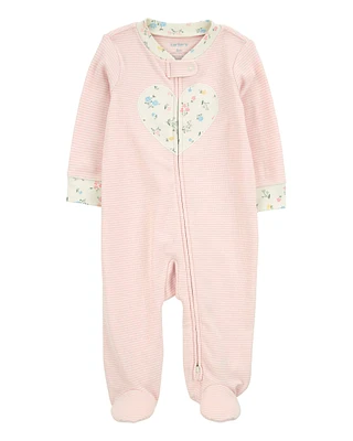 Baby Heart Striped 2-Way Zip Cotton Sleeper Pyjamas - Pink