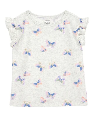 Toddler Butterfly Print Short-Sleeve Fashion Top - Grey