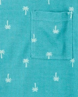 Kid Palm Tree Print Loose Fit Waffle Knit 2-Piece Pyjamas - Turquoise