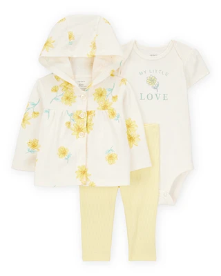 Baby 3-Piece Floral Hooded Pant Set - Yellow/Ivory