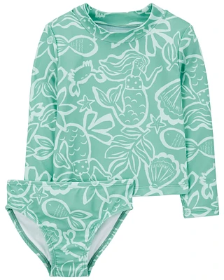 Tropical Print 2-Piece Rashguard Swimsuit Set