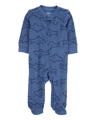 Baby Shark Print 2-Way Zip Terry Sleeper Pyjamas - Navy