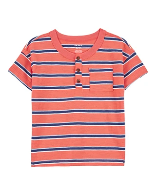 Baby Striped Cotton Short-Sleeve Henley - Orange