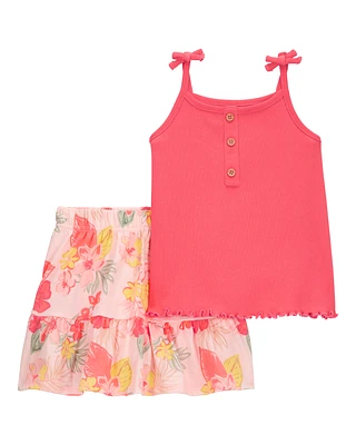 Toddler 2-Piece Ribbed Tank & Floral Pull-On Skort Set - Pink