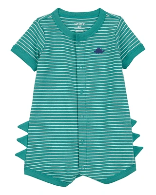 Baby Dinosaur Striped Cotton Short-Sleeve Romper - Green