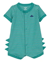 Baby Dinosaur Striped Cotton Short-Sleeve Romper - Green