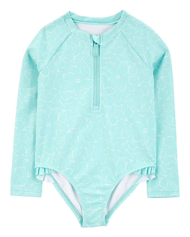 Toddler Girl 1- Piece Floral Long-Sleeve Rashguard Swimsuit - Blue