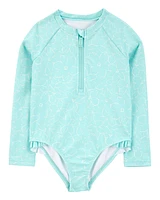 Toddler Girl 1- Piece Floral Long-Sleeve Rashguard Swimsuit - Blue