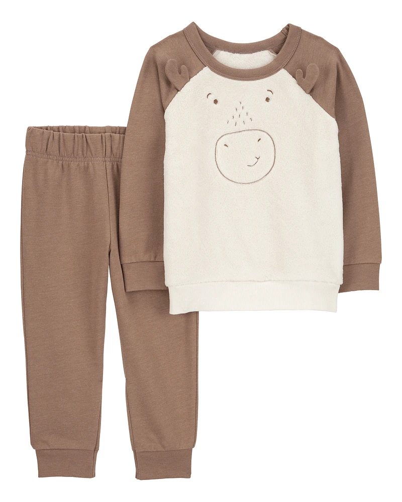 Baby 2-Piece Fuzzy Moose Pullover & Fleece Pant Set