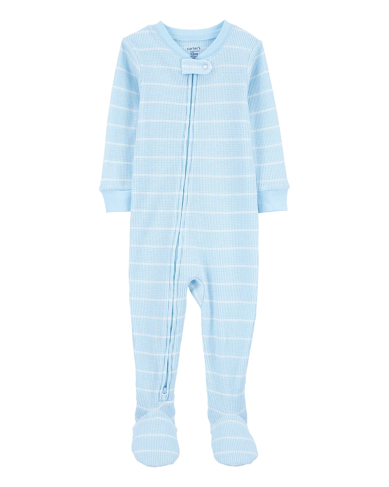 Toddler Striped Waffle Knit Footie 1-Piece Pyjamas - Blue