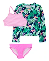 Kid 3-Piece Tropical Flamingo Print Rashguard Swim Set