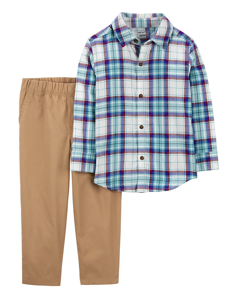 Toddler 2-Piece Plaid Button-Front Shirt & Canvas Pant Set