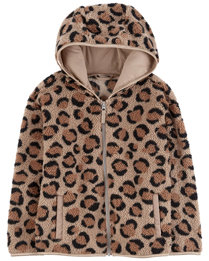 Leopard Sherpa Hooded Zip Jacket