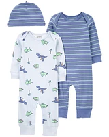 Baby Blue Dino 3-Piece Jumpsuit Set