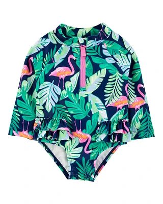 Baby 1-Piece Tropical Flamingo Long-Sleeve Rashguard Swimsuit