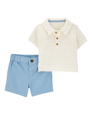 Baby 2-Piece Polo Outfit Set - Blue/Ivory