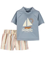 Baby 2-Piece Sailboat Rashguard & Striped Swim Trunk Set