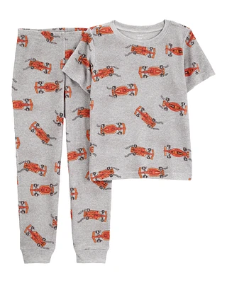 Kid Race Car Print Loose Fit Waffle Knit 2-Piece Pyjamas - Grey