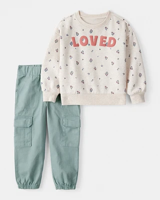 Toddler 2-Piece "Loved" Pullover Sweatshirt & Pant Set - Cream/Green