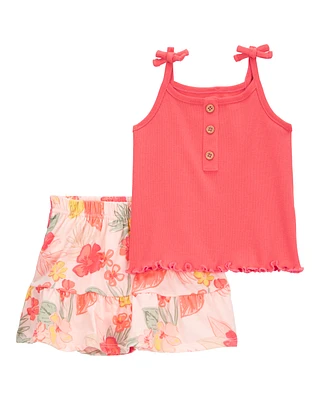 Baby 2-Piece Ribbed Tank & Floral Pull-On Skort Set - Pink