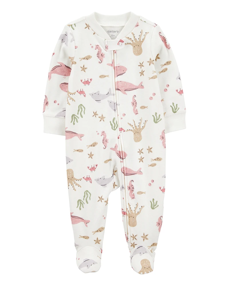 Baby Aquatic Animals Print 2-Way Zip Cotton Sleeper Pyjamas