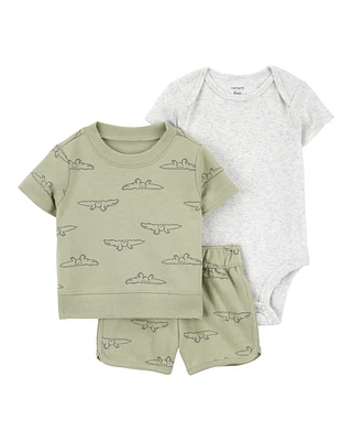 Baby 3-Piece Alligator Outfit Set - Green/Grey