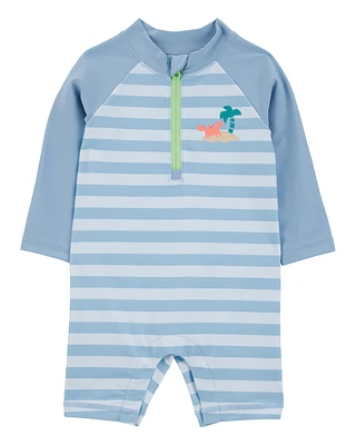 Baby 1-Piece Striped Long-Sleeve Rashguard Swimsuit - Blue