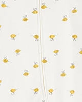 Baby Bee Print 2-Way Zip Cotton Sleeper Pyjamas - Cream