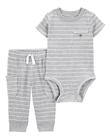 Baby 2-Piece Striped Waffle Knit Bodysuit Pant Set - Heather