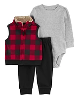 Baby 3-Piece Buffalo Check Fleece Little Vest Set