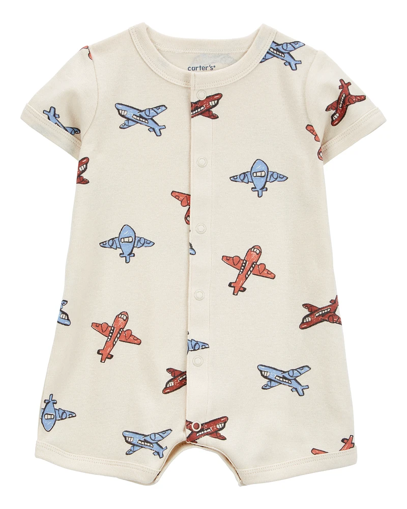 Baby Airplane-Print Ribbed Short-Sleeve Romper - Cream