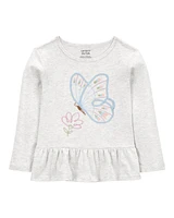 Toddler Butterfly Jersey Long-Sleeve Peplum Top - Grey