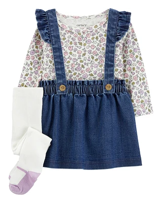 Baby 3-Piece Floral Long-Sleeve Bodysuit & Chambray Jumper Set