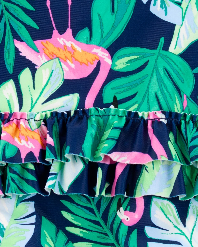 Baby Girl 1-Piece Tropical Flamingo Long-Sleeve Rashguard Swimsuit